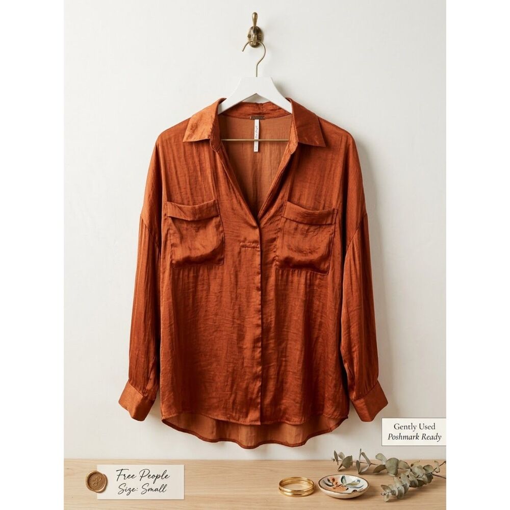 Free People Rust Orange Satin Shirt Size Small